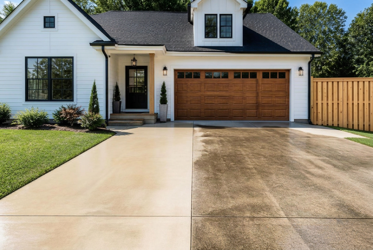 Freshly pressure-washed driveway in front of a white home with a new wood fence